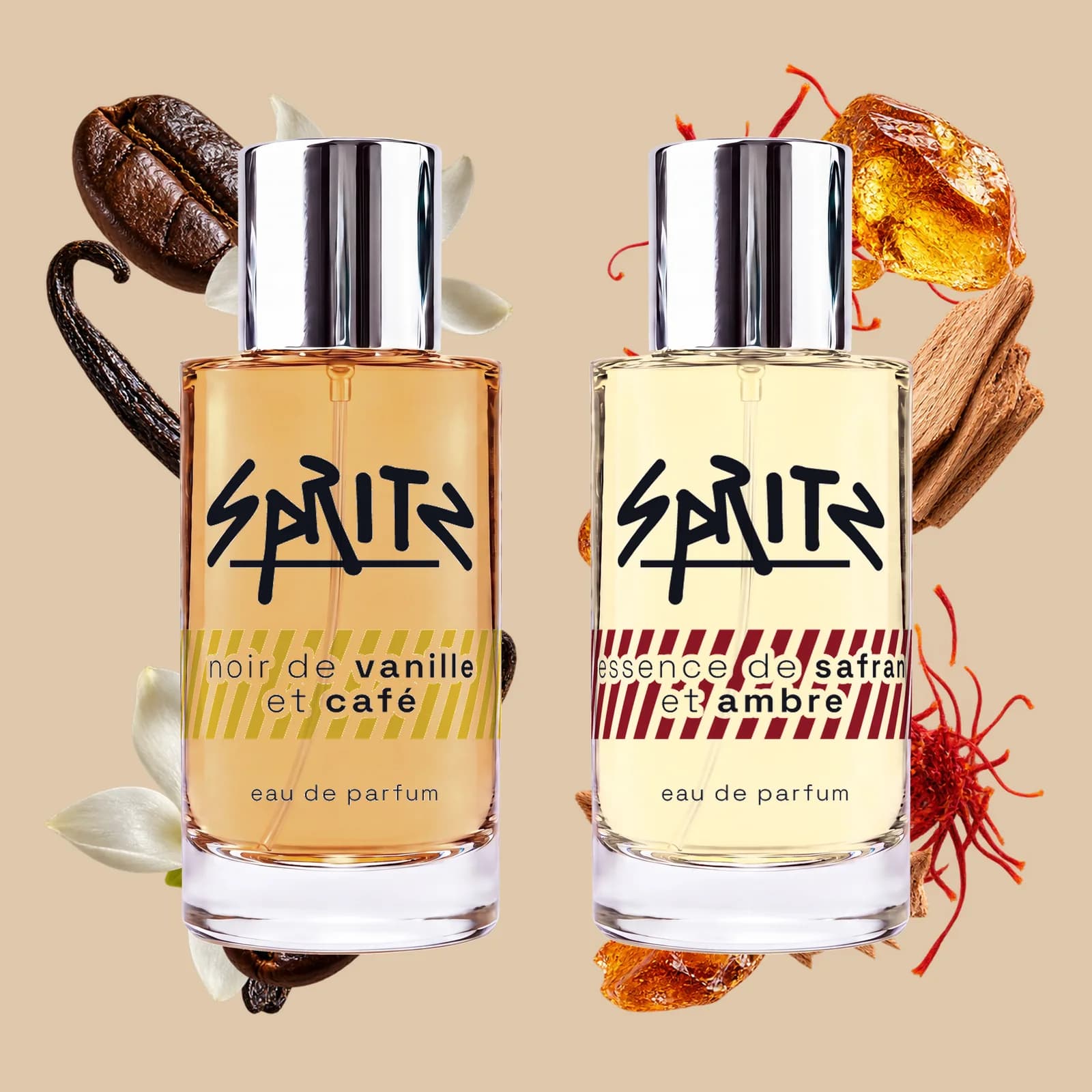Two SPRITZ 50ml perfumes: noir de vanille et café and essence de safran et ambre